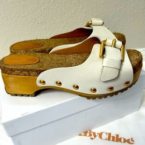 NWB SEE BY CHLOE SLIDES/40IT-8.5US(RUN SMALL)/SPAIN/WHITE LEATHER/WOODEN HEELS